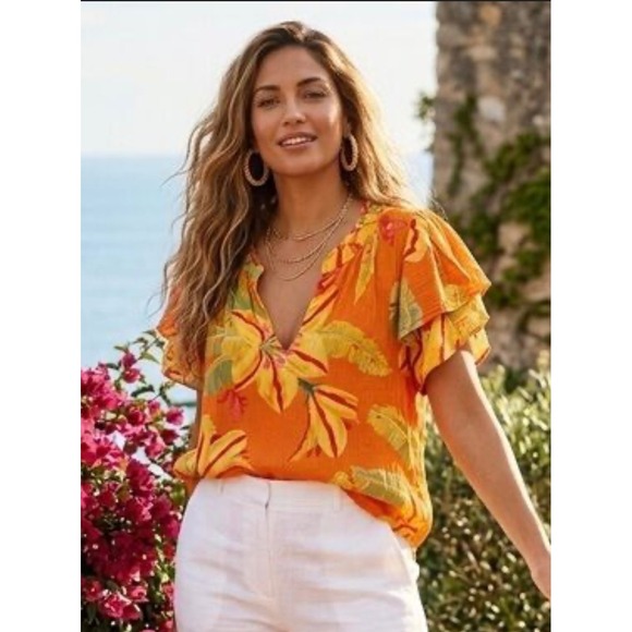 Haute Hippie Tops - Haute Hippie Orange Tropical Floral‎ V-Neck Tiered Flutter Sleeve Blouse Small